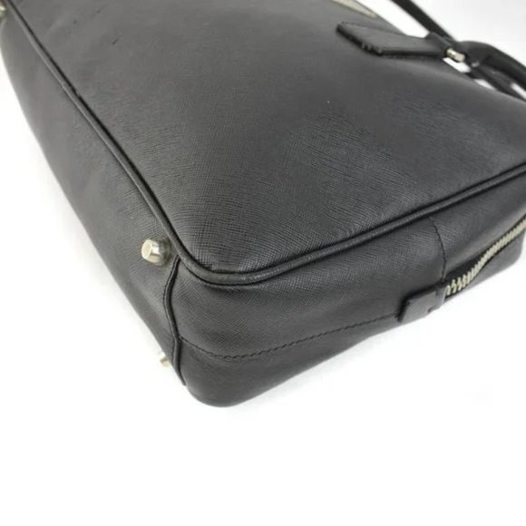 PRADA: Black, Saffiano Leather & Silver Logo Tote Bag - Picture 9 of 12